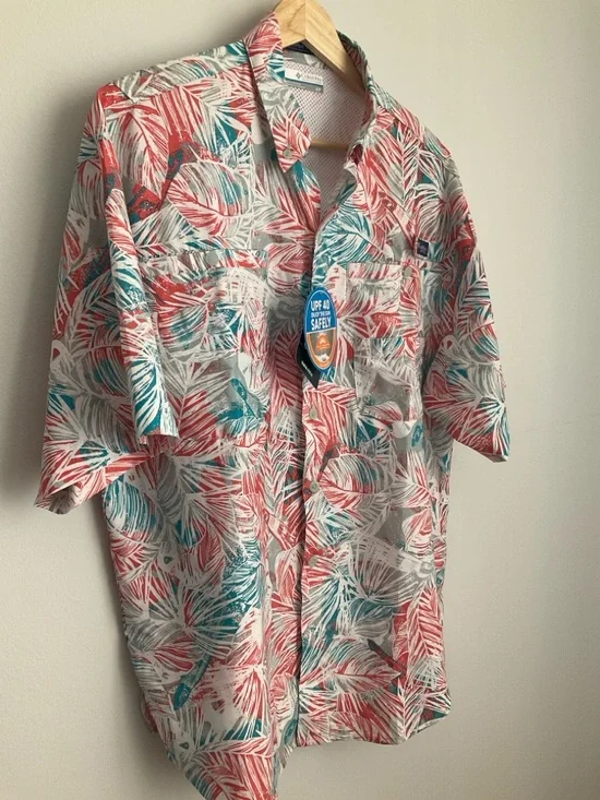 Columbia Super Tamiami PFG Coral & Teal Tropical Short-Sleeve Button-Down Shirt - Picture 3 of 12